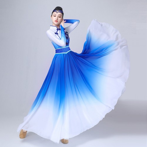 Women girls royal blue gradient Mongolian Dance dress modern opening dance art test large swing skirt Mongolian minority dance costumes Xinjiang Uyghur dance dress
